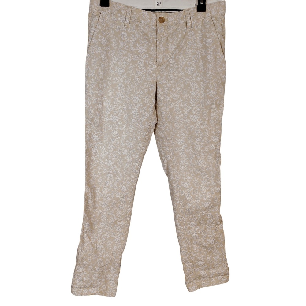 Gap Womens Girlfriend Chino Pants Beige‎ White Floral Print Size 4 Stretch Slim